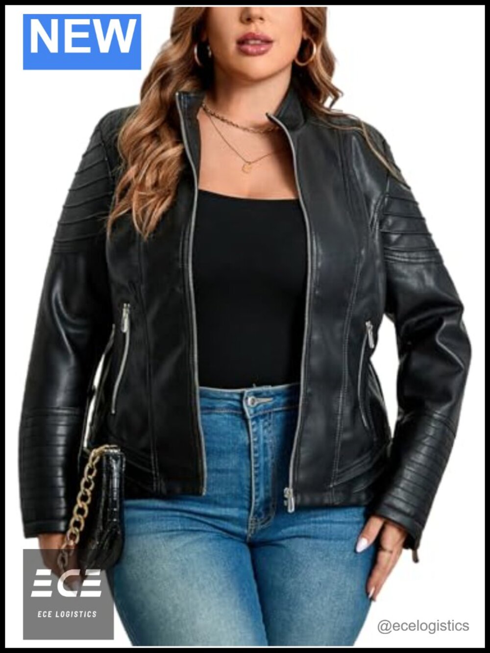 Plus Size Faux Leather Moto Jacket Zip Up Quilted Biker Coat